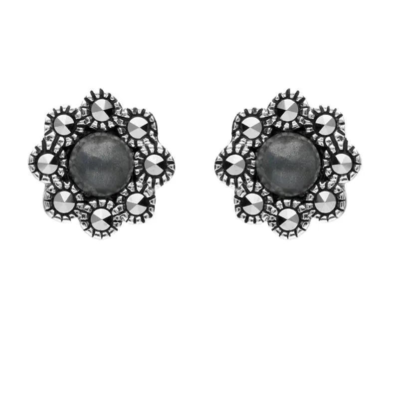 Sterling Silver Hematite Marcasite Round Edge Bead Stud Earrings sold by C.W. Sellors
