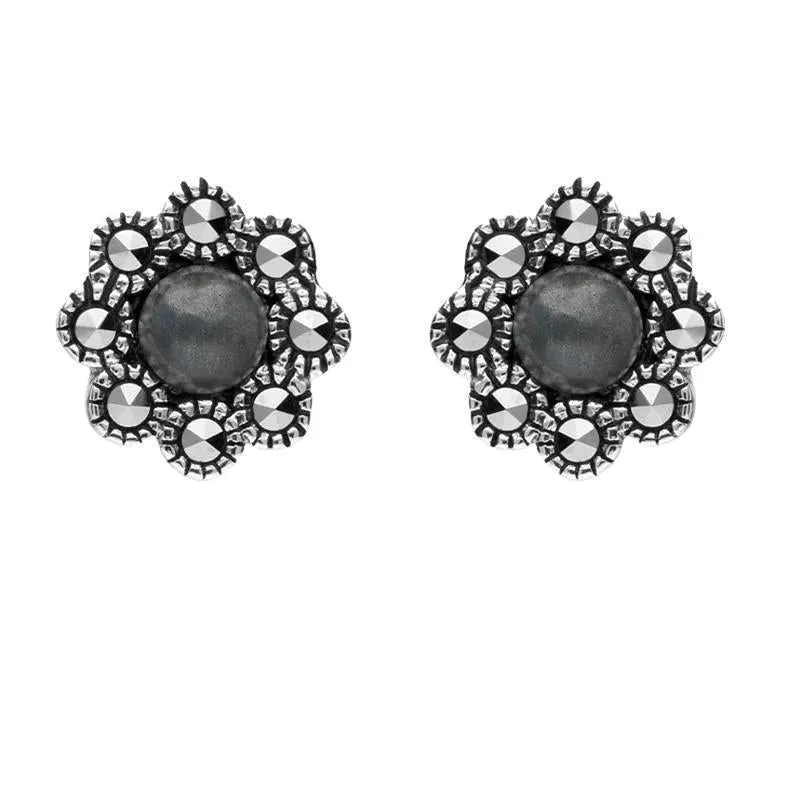 Sterling Silver Hematite Marcasite Round Edge Bead Stud Earrings sold by C.W. Sellors