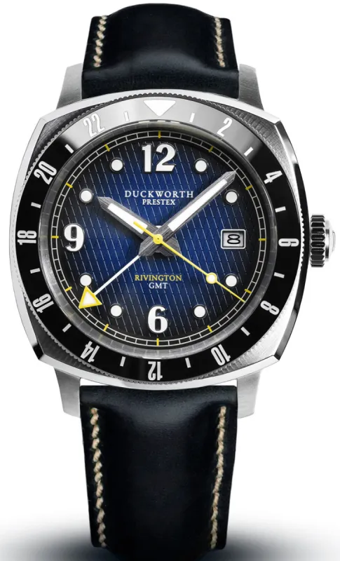 Duckworth Prestex Rivington GMT Blue Fume Black Leather Watch made by C.W. Sellors