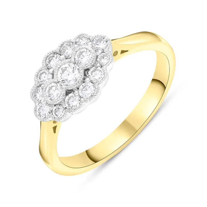 18ct Yellow Gold 0.50ct Diamond Millgrain Vintage Style Cluster Ring sold by C.W. Sellors