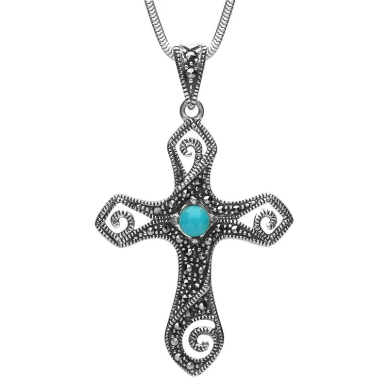 Sterling Silver Turquoise Marcasite Swirl Cross Necklace sold by C.W. Sellors