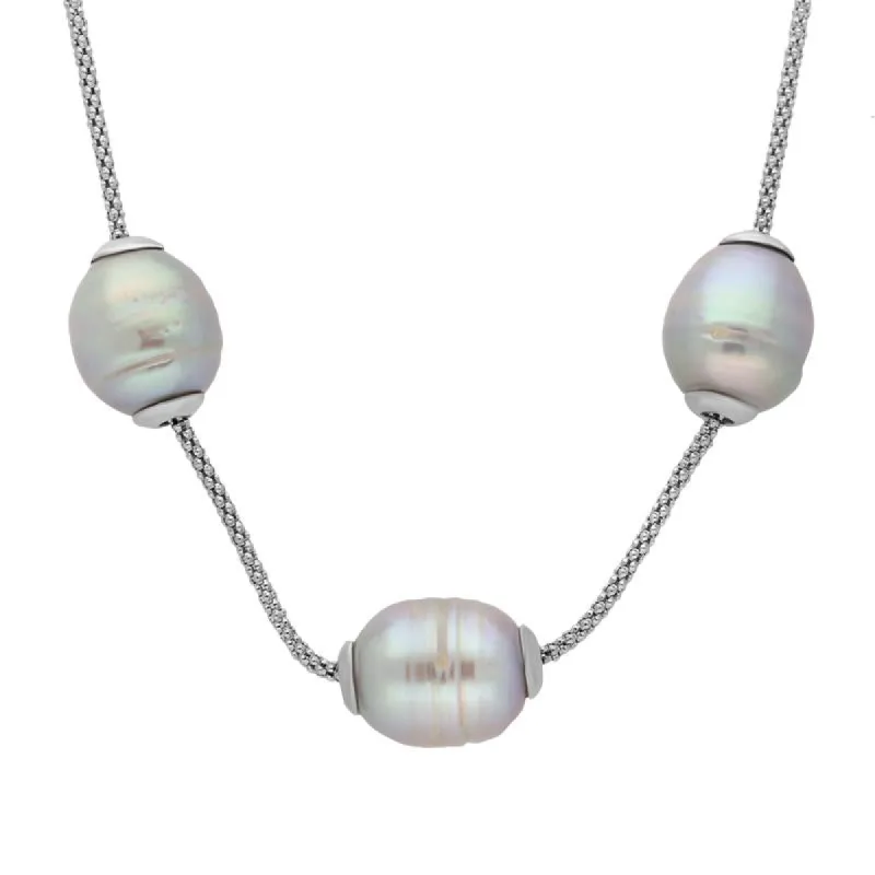 Sterling Silver Grey Baroque Pearl Three Bead Necklace sold by C.W. Sellors