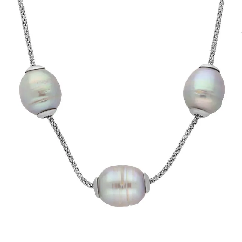 Sterling Silver Grey Baroque Pearl Three Bead Necklace sold by C.W. Sellors