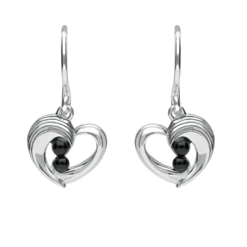 Sterling Silver Whitby Jet Half Ridge Stone Heart Drop Earrings sold by C.W. Sellors