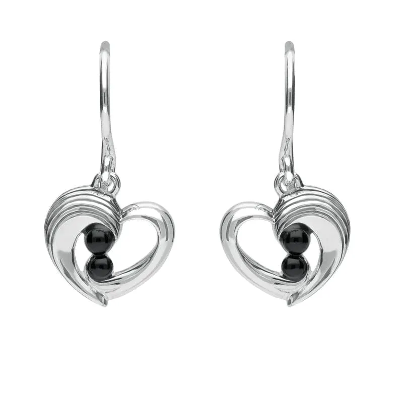 Sterling Silver Whitby Jet Half Ridge Stone Heart Drop Earrings sold by C.W. Sellors