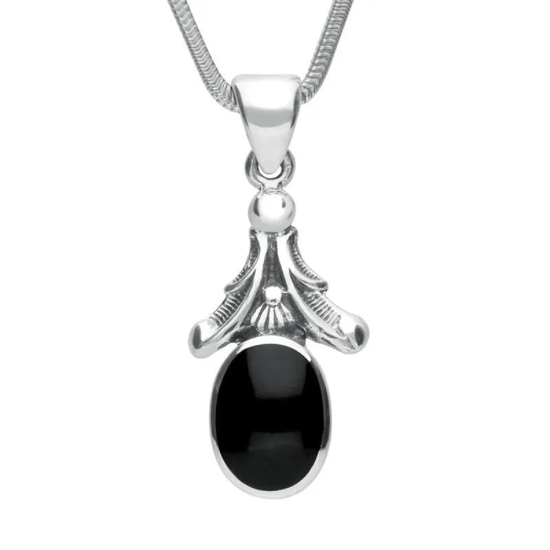 Sterling Silver Whitby Jet Heritage Oval Leaf Drop Necklace sold by C.W. Sellors