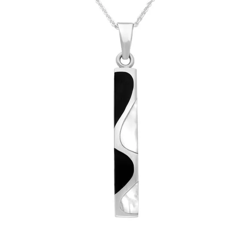 Sterling Silver Whitby Jet and Mother of Pearl Four Stone Curved Oblong Necklace sold by C.W. Sellors