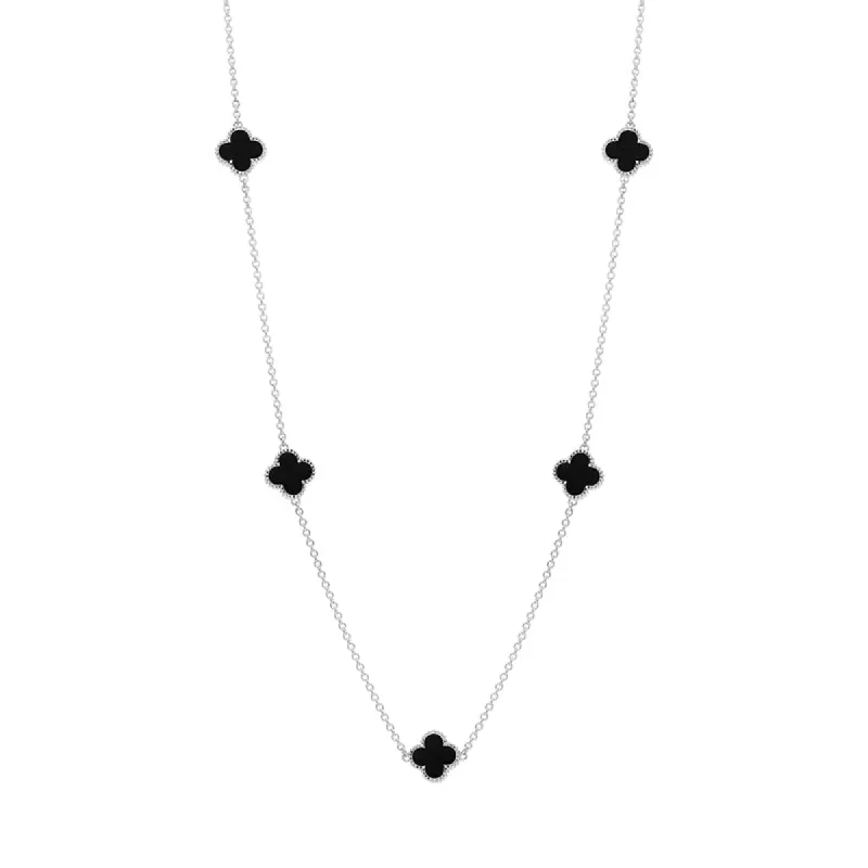 18ct White Gold Whitby Jet Bloom Four Leaf Clover Ball Edge Necklace sold by C.W. Sellors