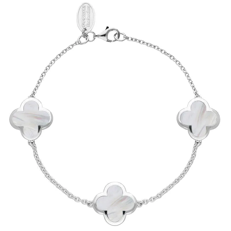 18ct White Gold White Mother of Pearl Bloom Four Leaf Clover Chain Bracelet sold by C.W. Sellors