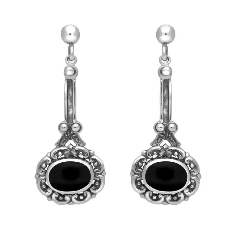 Sterling Silver Whitby Jet Ornate Antique Oval Drop Earrings sold by C.W. Sellors
