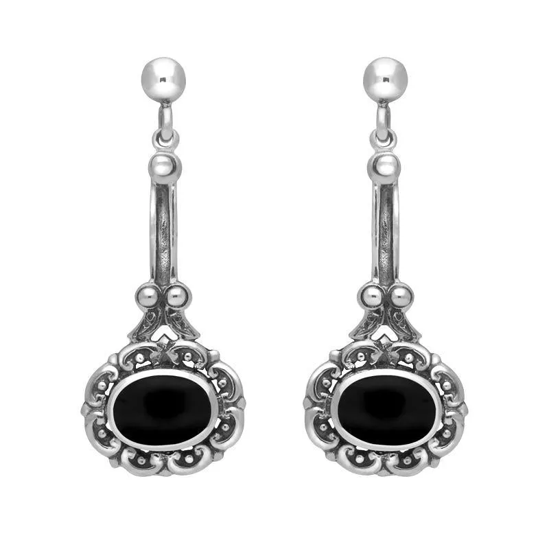 Sterling Silver Whitby Jet Ornate Antique Oval Drop Earrings sold by C.W. Sellors