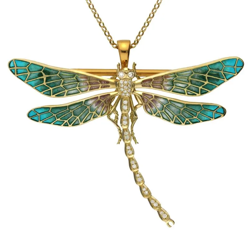 18ct Yellow Gold Diamond Enamel Style & Fashion Large Dragonfly Brooch Necklace sold by C.W. Sellors