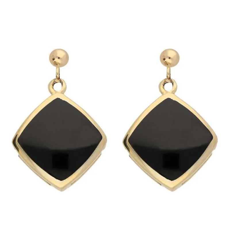 9ct Yellow Gold Whitby Jet Cushion Drop Earrings sold by C.W. Sellors