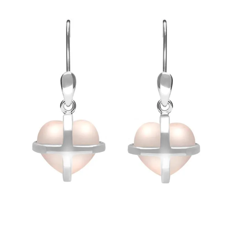 Sterling Silver Rose Quartz Small Cross Heart Drop Earrings sold by C.W. Sellors