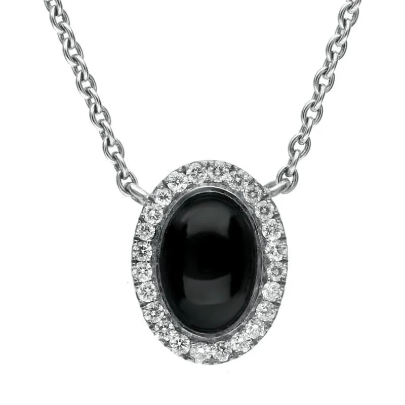 18ct White Gold Whitby Jet 0.10cts Diamond Oval Cluster Necklace sold by C.W. Sellors