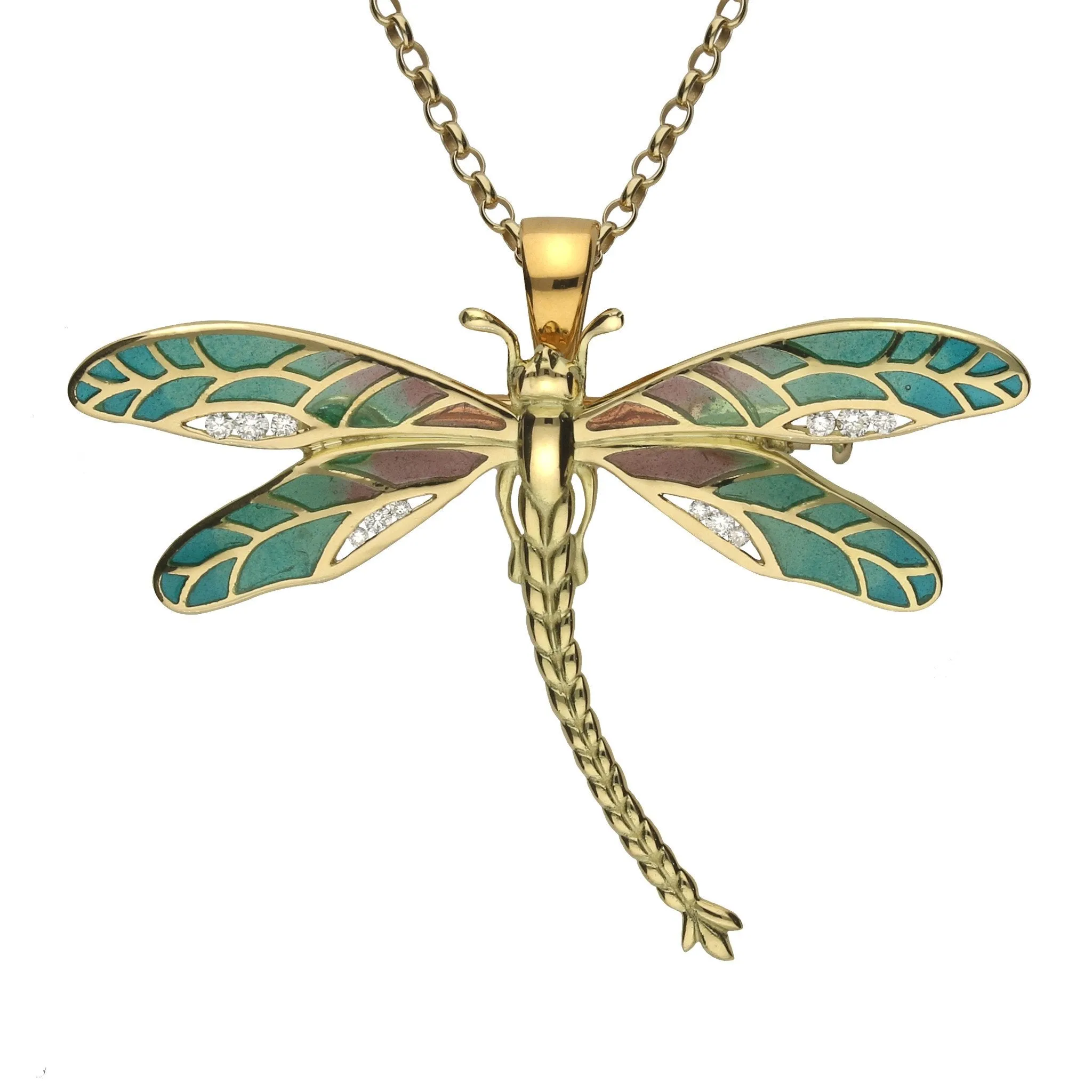 18ct Yellow Gold Diamond Enamel Style & Fashion Dragonfly Brooch Necklace sold by C.W. Sellors