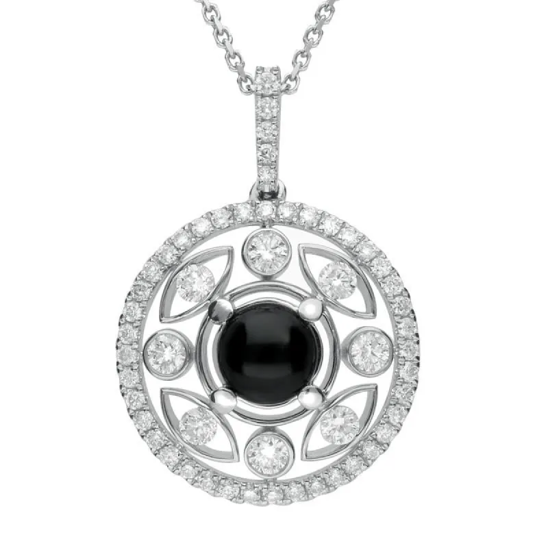 18ct White Gold Whitby Jet 0.60ct Diamond Surround Round Necklace sold by C.W. Sellors