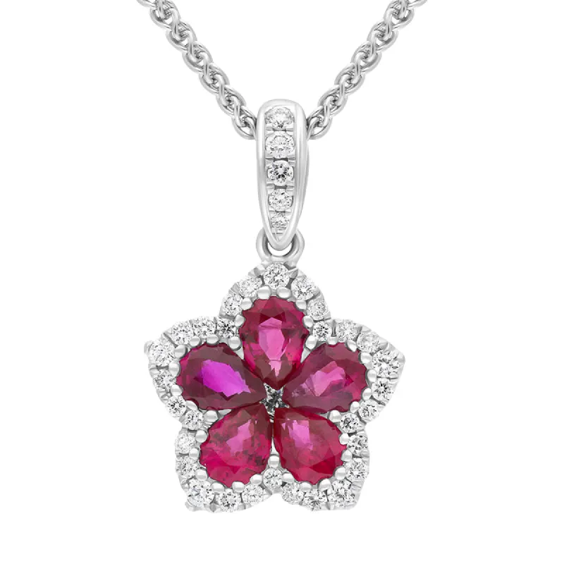 18ct White Gold Ruby Diamond Cluster Pear Cut Flower Pendant sold by C.W. Sellors