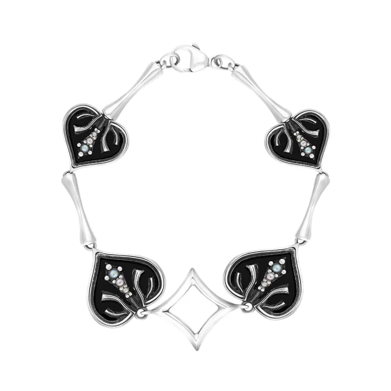Sterling Silver Freshwater Pearl Whitby Jet Victoriana Hearts Bracelet sold by C.W. Sellors