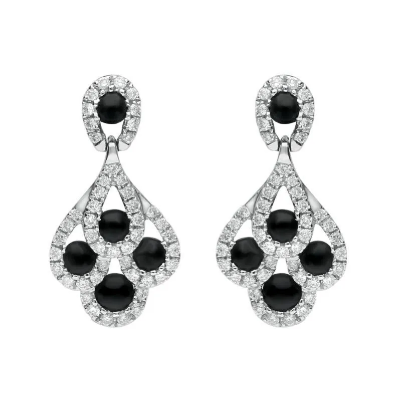 18ct White Gold Whitby Jet 0.34ct Diamond Peacock Drop Earrings sold by C.W. Sellors