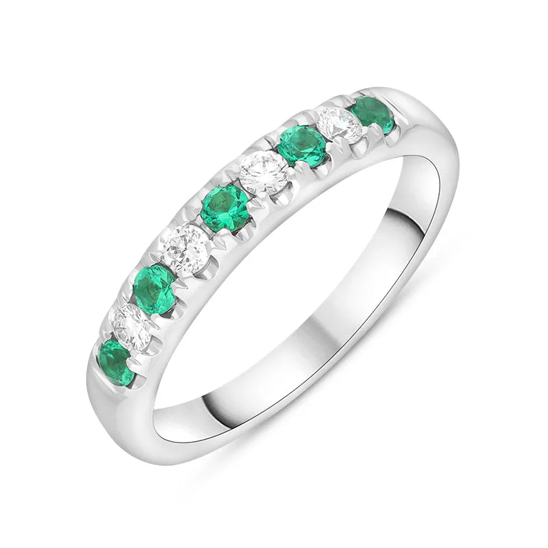 18ct White Gold Emerald Diamond Castle Set Half Eternity Ring sold by C.W. Sellors