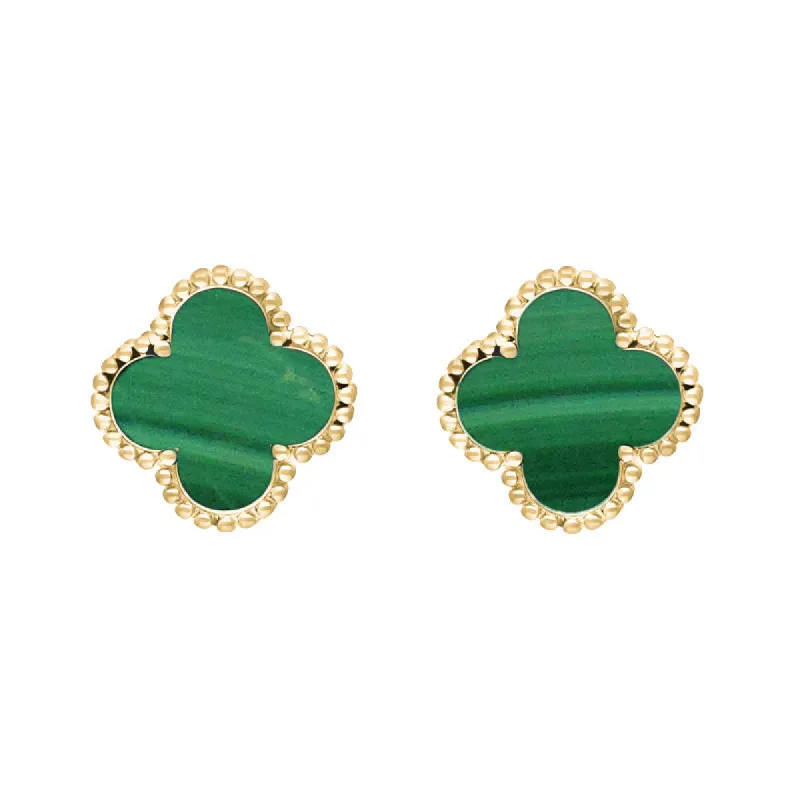 9ct Yellow Gold Malachite Bloom Four Leaf Clover Ball Edge Stud Earrings sold by C.W. Sellors