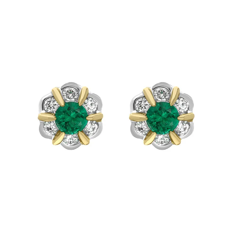 18ct White and Yellow Gold Emerald Diamond Flower Cluster Stud Earrings sold by C.W. Sellors
