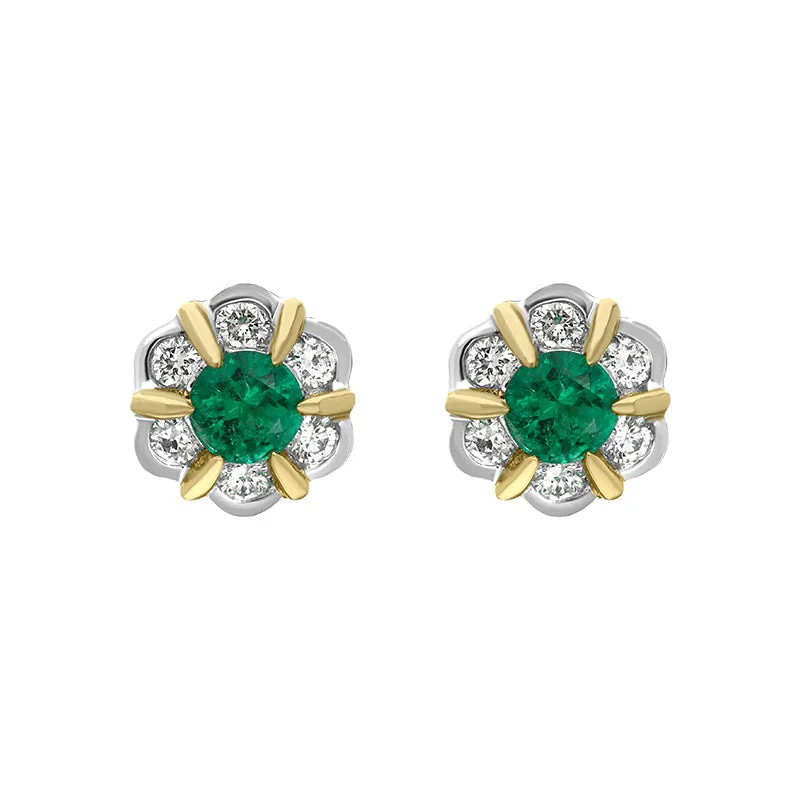 18ct White and Yellow Gold Emerald Diamond Flower Cluster Stud Earrings sold by C.W. Sellors