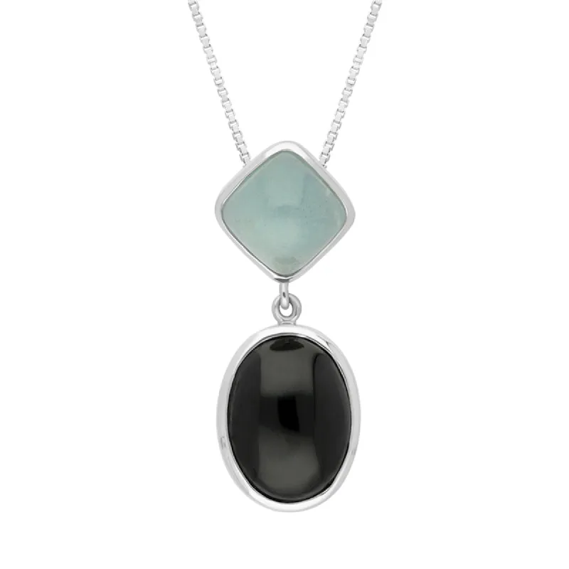 Sterling Silver Whitby Jet Aquamarine Oval Cushion Two Stone Drop Necklace sold by C.W. Sellors