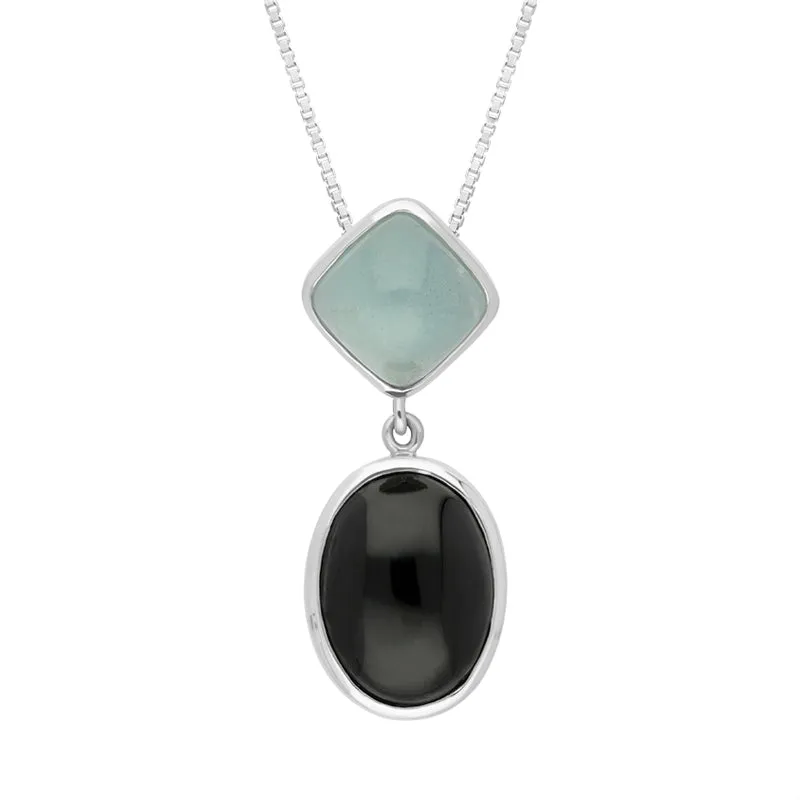 Sterling Silver Whitby Jet Aquamarine Oval Cushion Two Stone Drop Necklace sold by C.W. Sellors