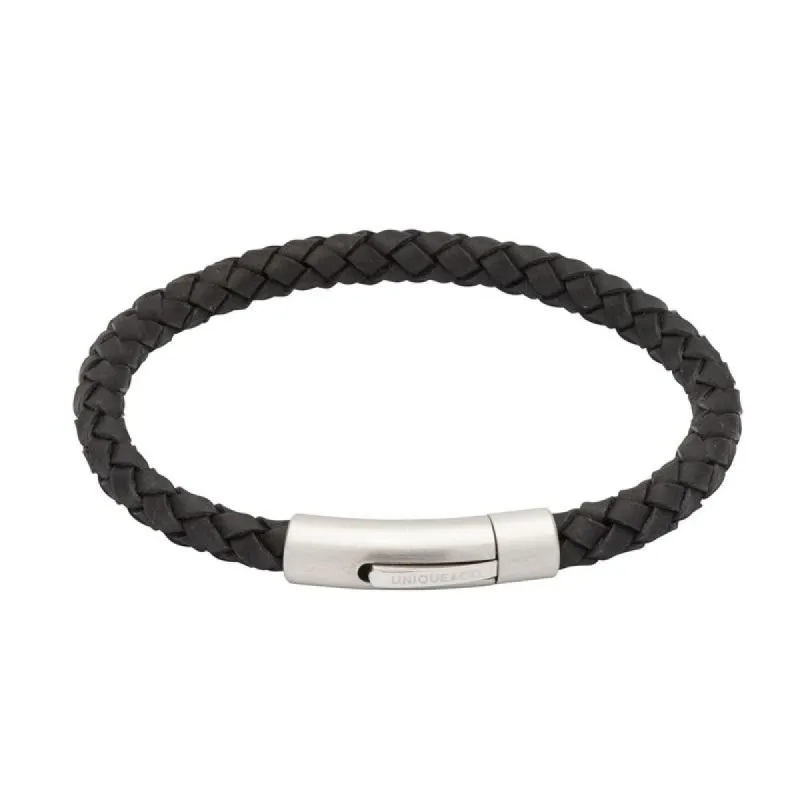 Unique & Co Matte Stainless Steel Black Leather Bracelet sold by C.W. Sellors