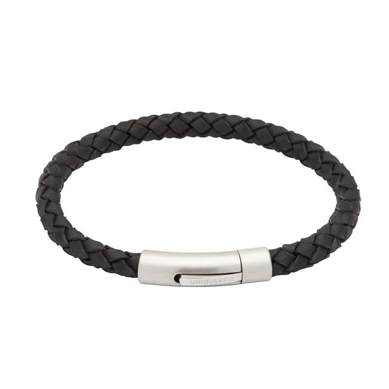 Unique & Co Matte Stainless Steel Black Leather Bracelet sold by C.W. Sellors