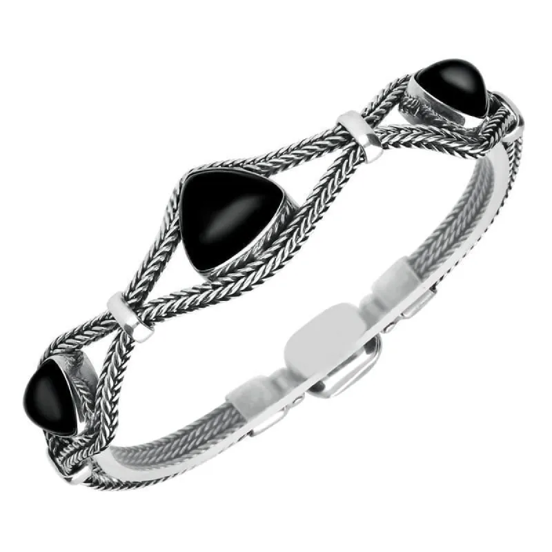 Sterling Silver Whitby Jet Foxtail Three Stone Triangle Bracelet D made by C.W. Sellors