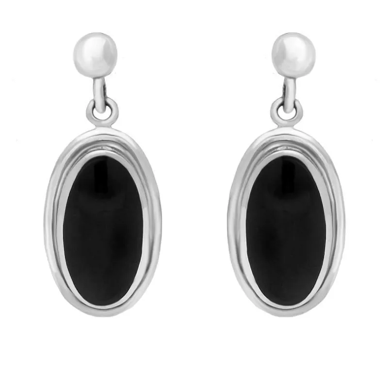Sterling Silver Whitby Jet Ribbed Oval Drop Earrings sold by C.W. Sellors