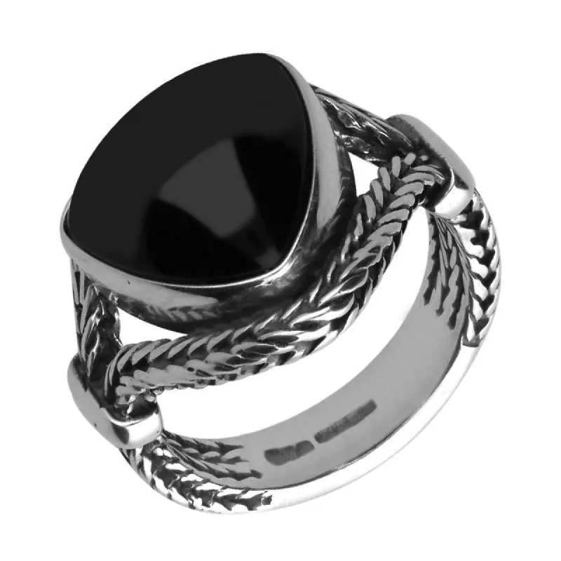 Sterling Silver Whitby Jet Triangle Split Shoulder Foxtail Ring D sold by C.W. Sellors