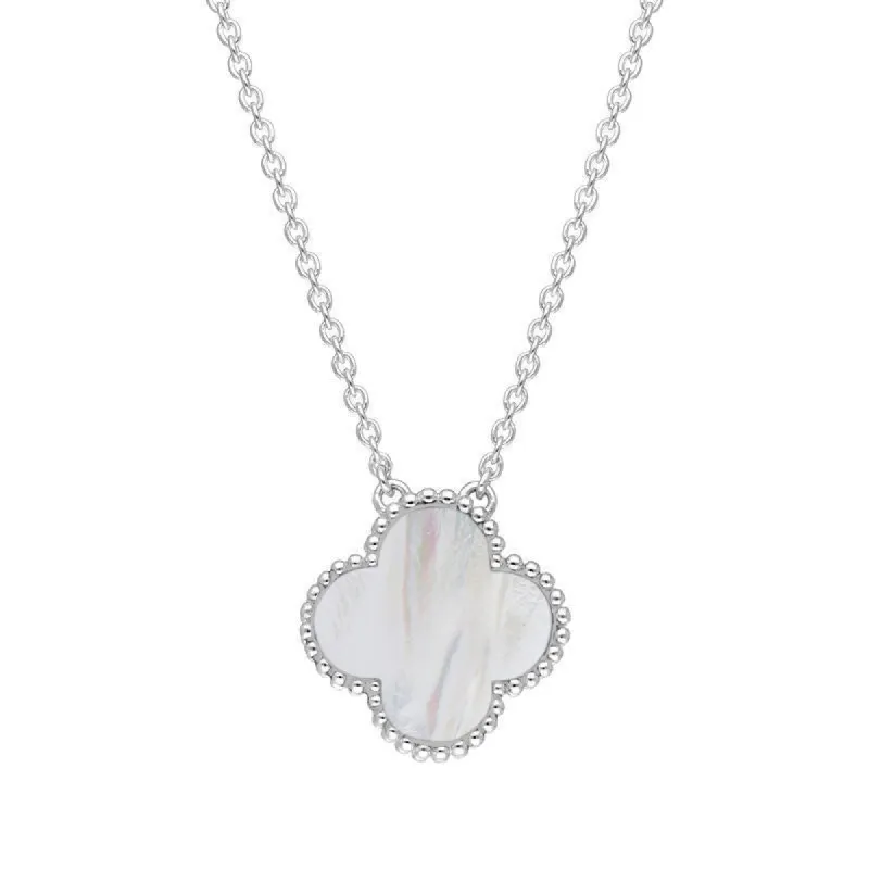 9ct White Gold White Mother of Pearl Bloom Large Four Leaf Clover Ball Edge Chain Necklet sold by C.W. Sellors