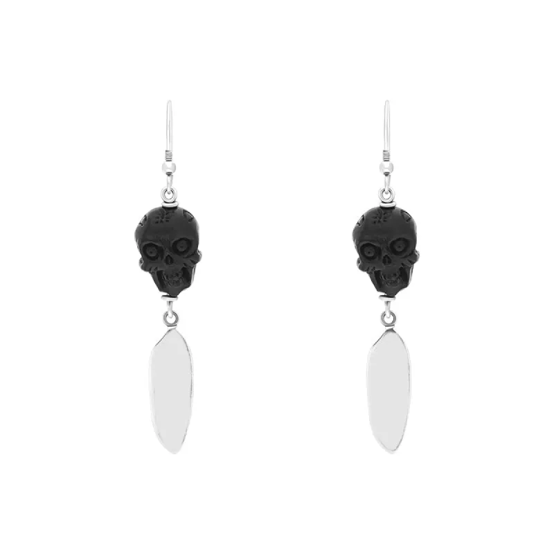 Sterling Silver Whitby Jet Carved Skull Feather Unique Drop Earrings D sold by C.W. Sellors