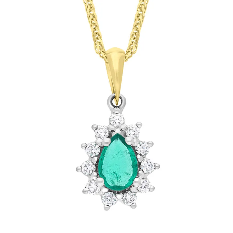 18ct Yellow and White Gold Emerald Diamond Cluster Pear Cut Pendant sold by C.W. Sellors