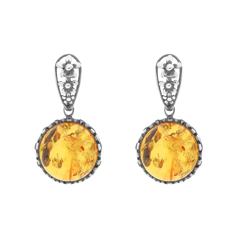 Sterling Silver Amber Round Flower Edge Drop Earrings sold by C.W. Sellors