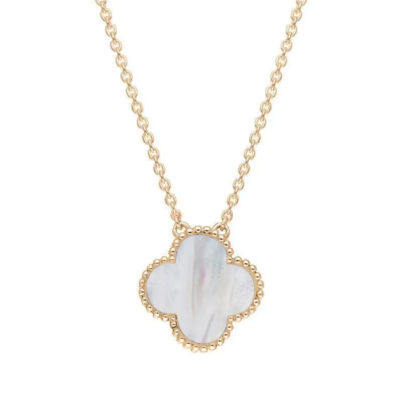 18ct Rose Gold White Mother of Pearl Bloom Large Four Leaf Clover Ball Edge Chain Necklet sold by C.W. Sellors
