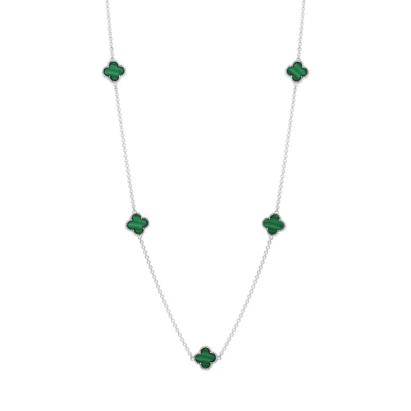 9ct White Gold Malachite Bloom Four Leaf Clover Ball Edge Necklace sold by C.W. Sellors