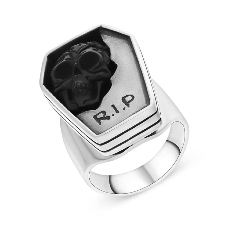 Sterling Silver Whitby Jet Carved Skull Tombstone Unique Ring D sold by C.W. Sellors