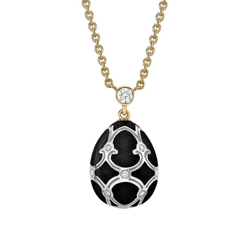 Faberge Heritage Yellow & White Gold Diamond & Black Guilloche Enamel Petite Egg Pendant sold by C.W. Sellors