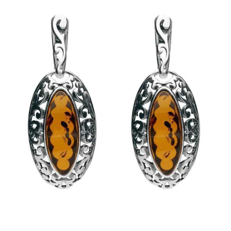 Sterling Silver Amber Ornate Edge Oval Drop Earrings sold by C.W. Sellors