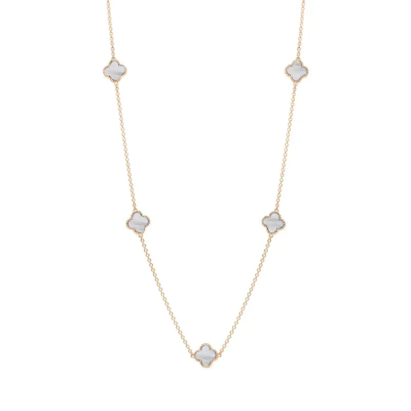 9ct Rose Gold White Mother of Pearl Bloom Four Leaf Clover Ball Edge Necklace sold by C.W. Sellors