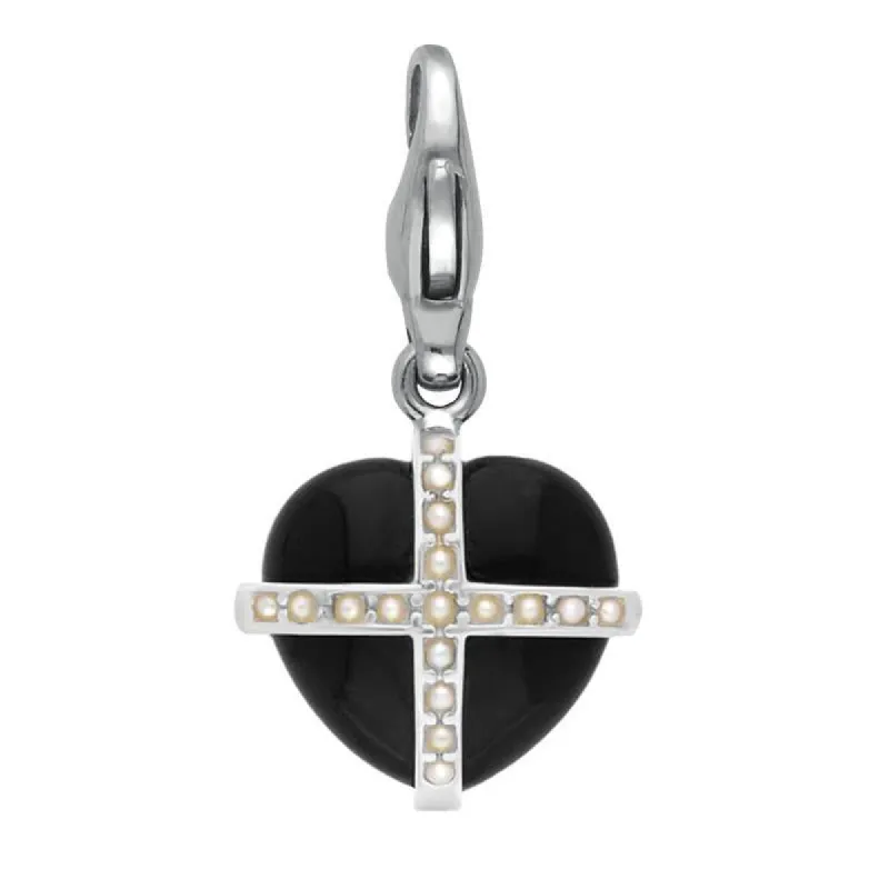 Sterling Silver Whitby Jet Seventeen Pearl Small Cross Heart Charm sold by C.W. Sellors