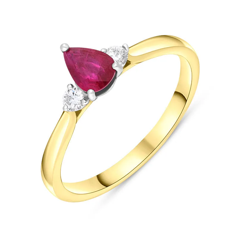 18ct Yellow Gold Ruby Diamond Pear Cut Three Stone Ring sold by C.W. Sellors