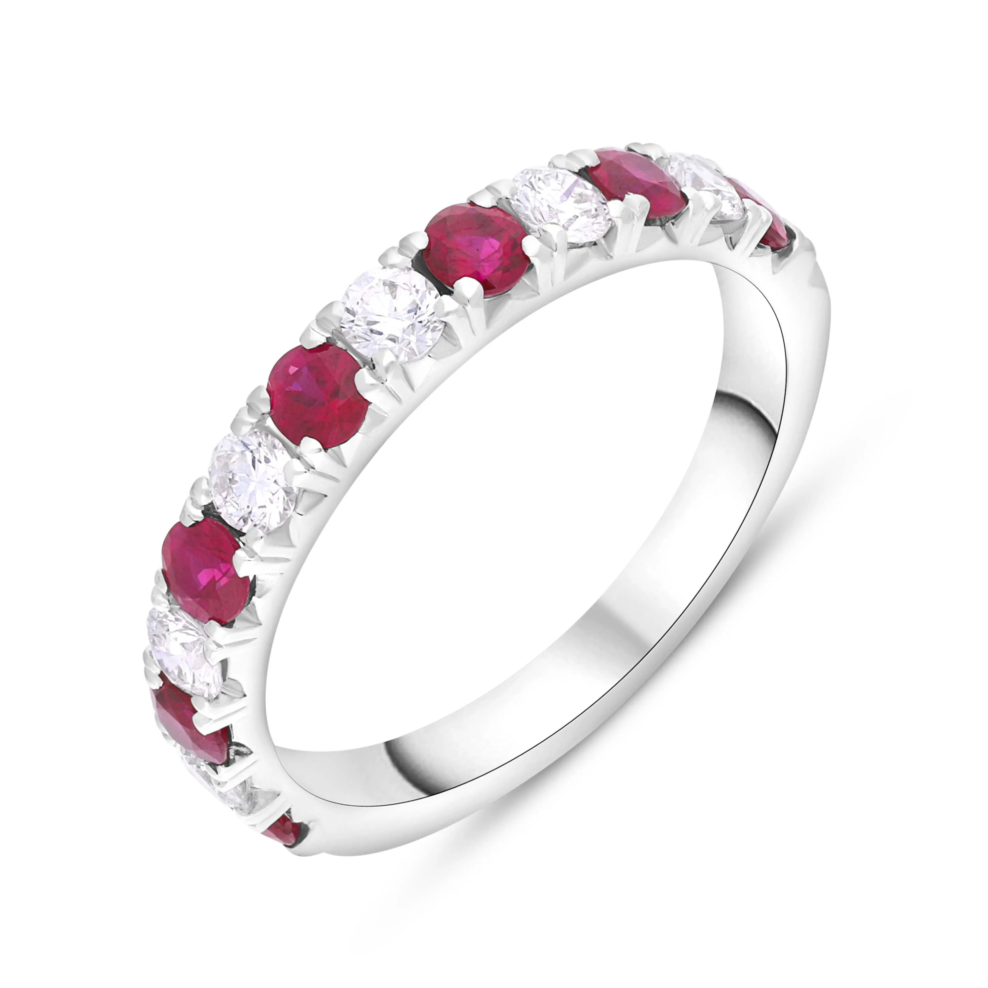 18ct White Gold Ruby Diamond Castle Claw Set Half Eternity Ring sold by C.W. Sellors