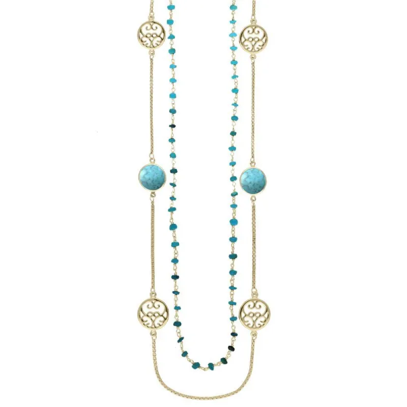 Yellow Gold Turquoise Flore Filigree Double Row Necklace sold by C.W. Sellors