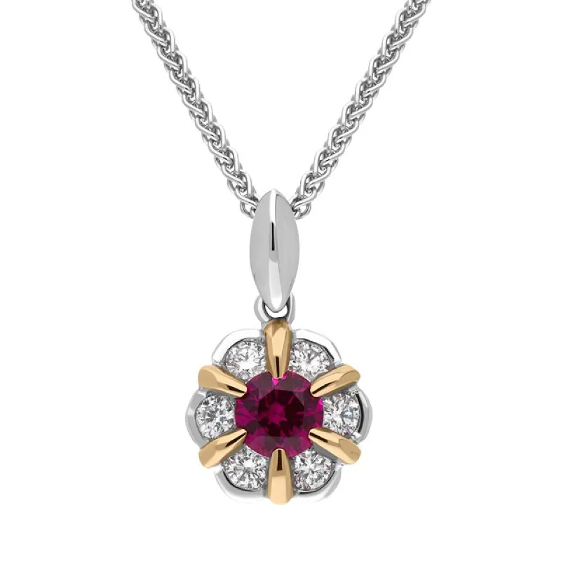 18ct White and Rose Gold Ruby Diamond Flower Cluster Necklace sold by C.W. Sellors